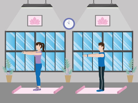 fit couple doing exercise over mat in the gym cartoon vector illustration graphic designのイラスト素材