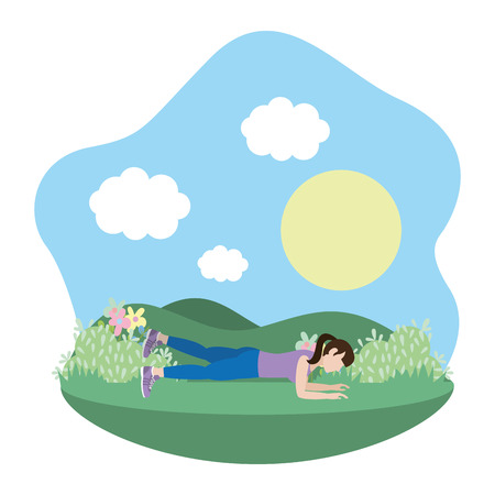 fit woman doing exercise in the park cartoon vector illustration graphic designのイラスト素材