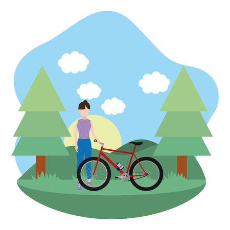 fit woman doing exercise in the park with bicycle cartoon vector illustration graphic designのイラスト素材