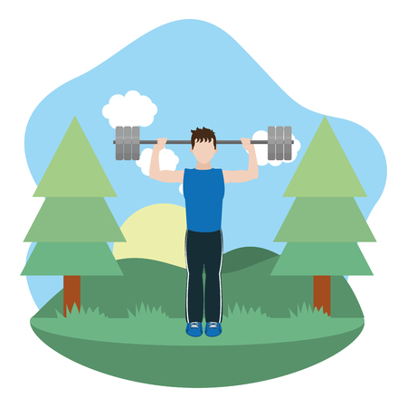 fit man doing exercise in the park cartoon vector illustration graphic designのイラスト素材