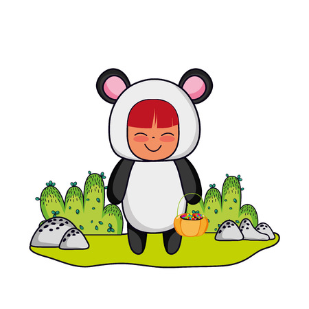 Halloween girl smiling with panda custome and candies on nature with bushes and rocks vector illustration graphic designのイラスト素材