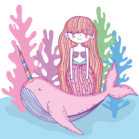 mermaid woman with whale unicorn and seaweedのイラスト素材