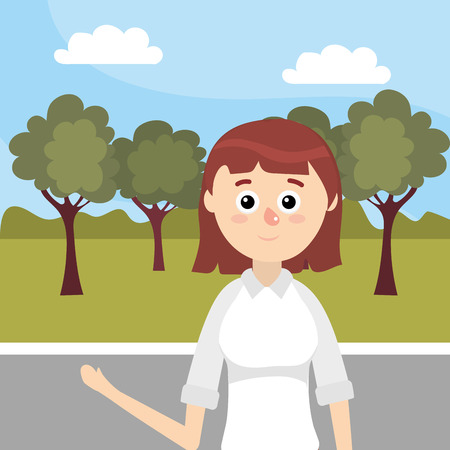 young woman body over nature field with trees cartoon vector illustration graphic designのイラスト素材