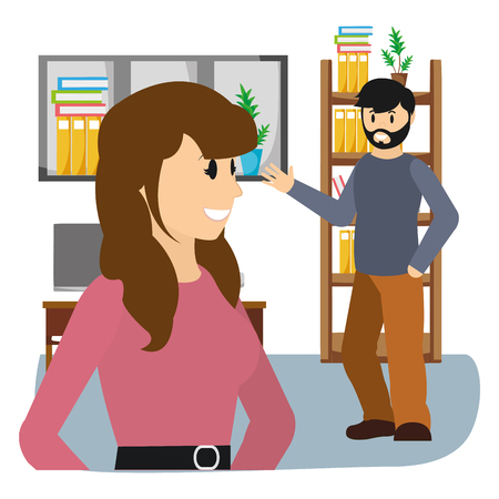 Couple woman and man smiling inside home vector illustration graphic designのイラスト素材