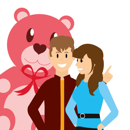 Couple woman and man smiling over big teddy cartoon vector illustration graphic designのイラスト素材