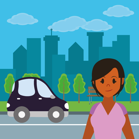 Young woman smiling cartoon at city over street with car passing by vector illustration graphic designのイラスト素材