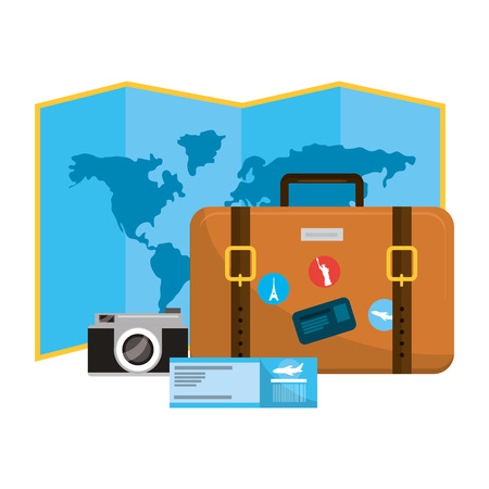 travel luggage with camera and world map isolated white background cartoon vector illustration graphic designのイラスト素材