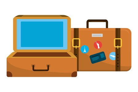two travel luggage bags with straps and stickers isolated white background cartoon vector illustration graphic designのイラスト素材