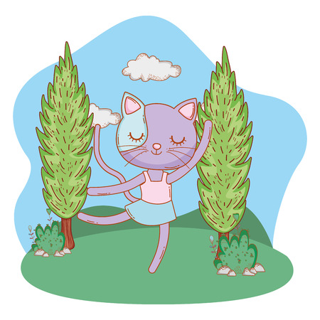 cute ballerina cat dancing ballet outdoors park scenery cartoonのイラスト素材