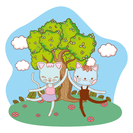 cute ballerina cats dancing ballet outdoors park scenery cartoonのイラスト素材