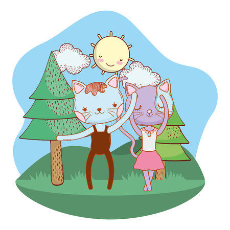 cute ballerina cats dancing ballet outdoors park scenery cartoonのイラスト素材