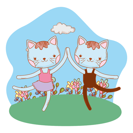 cute ballerina cats dancing ballet outdoors park scenery cartoonのイラスト素材