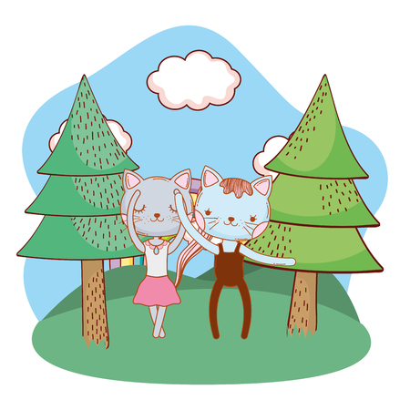 cute ballerina cats dancing ballet outdoors park scenery cartoonのイラスト素材