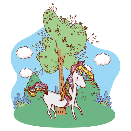 unicorn enjoying outdoors with tree and cloudy sky cartoonのイラスト素材