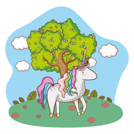 unicorn enjoying outdoors with tree and cloudy sky cartoonのイラスト素材
