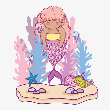 mermaid woman with jellyfishes and seaweed plantsのイラスト素材