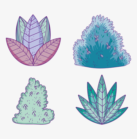set nature plants with leaves and bushes vector illustrationのイラスト素材