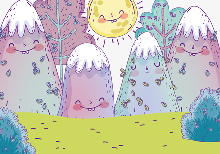 nature trees with snowy mountains and sun vector illustrationのイラスト素材