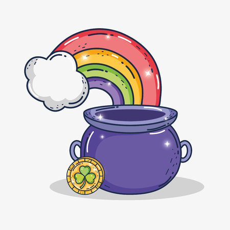 cauldron with clover gold coin and rainbow vector illustrationのイラスト素材