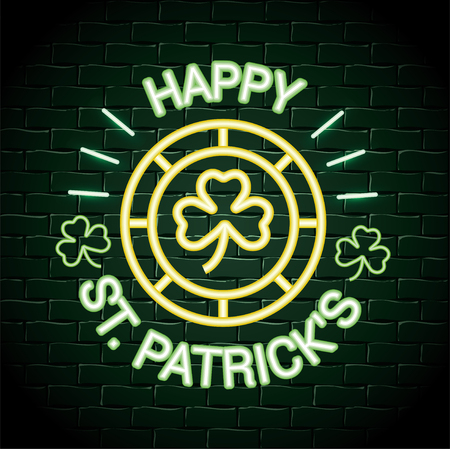 coin with clovers neon label to st patrick event vector illustrationのイラスト素材