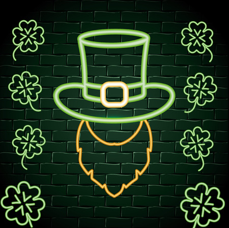 hat with beard and clovers neon label vector illustrationのイラスト素材