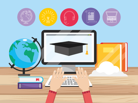 computer technology with education books and handsのイラスト素材