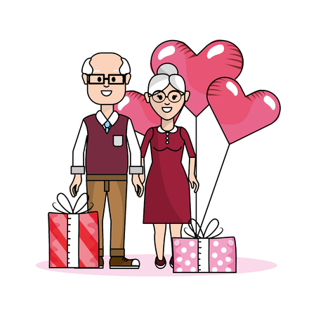 young people couple at valentines day between gifts and balloons cartoon vector illustration graphic designのイラスト素材
