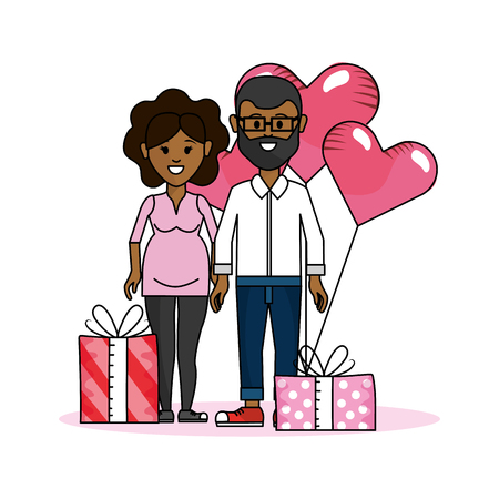 young people couple at valentines day between gifts and balloons cartoon vector illustration graphic designのイラスト素材