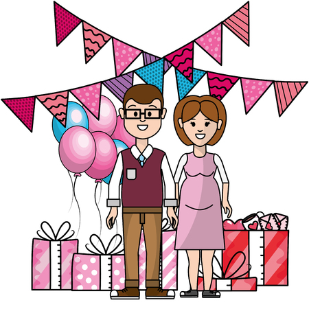 young people couple at valentines day between gifts and balloons cartoon vector illustration graphic designのイラスト素材