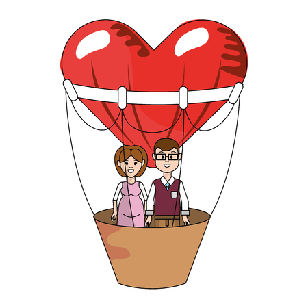 young people couple flying over heart hot air balloon cartoon vector illustration graphic designのイラスト素材