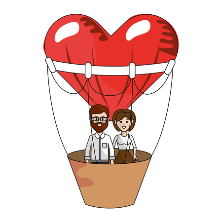 young people couple flying over heart hot air balloon cartoon vector illustration graphic designのイラスト素材