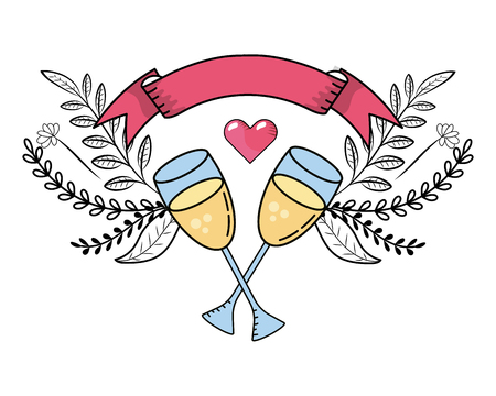 champagne glass valentines day toast wreath banner cartoon vector illustration graphic designのイラスト素材