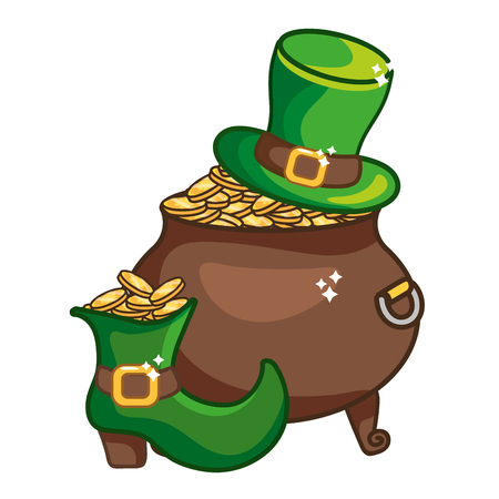 st patricks day golden coins pot with hat and boot cartoon vector illustration graphic designのイラスト素材