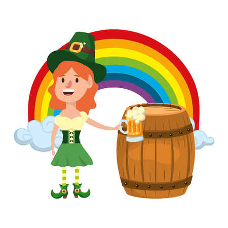leprechaun with barrel beer and rainbow female vector illustration graphic designのイラスト素材