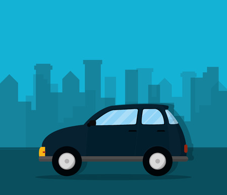 traveling and transport car in front city landscape cartoon vector illustration graphic designのイラスト素材