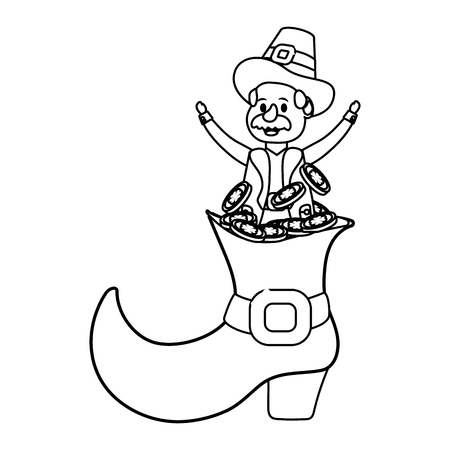 leprechaun with big boot and golden coins black and white vector illustration graphic designのイラスト素材