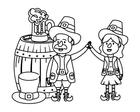 leprechaun couple with barrel beer and hat black and white vector illustration graphic designのイラスト素材