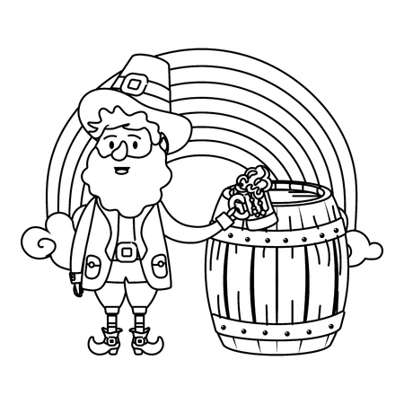 leprechaun with barrel beer and rainbow beard black and white vector illustration graphic designのイラスト素材