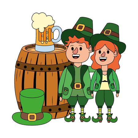 leprechaun couple with barrel beer and hat vector illustration graphic designのイラスト素材