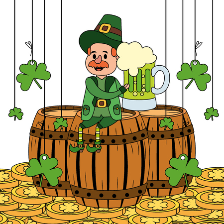 leprechaun with barrel beer clovers moustache vector illustration graphic designのイラスト素材
