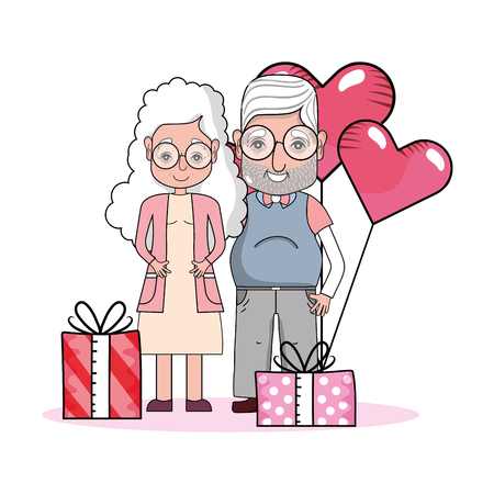 cute grandparents couple at valentines day between gifts and heart balloons cartoon vector illustration graphic designのイラスト素材