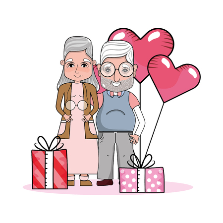 cute grandparents couple at valentines day between gifts and heart balloons cartoon vector illustration graphic designのイラスト素材