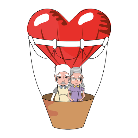 cute grandparents couple at heart hot air balloon cartoon vector illustration graphic designのイラスト素材