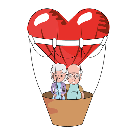 cute grandparents couple at heart hot air balloon cartoon vector illustration graphic designのイラスト素材