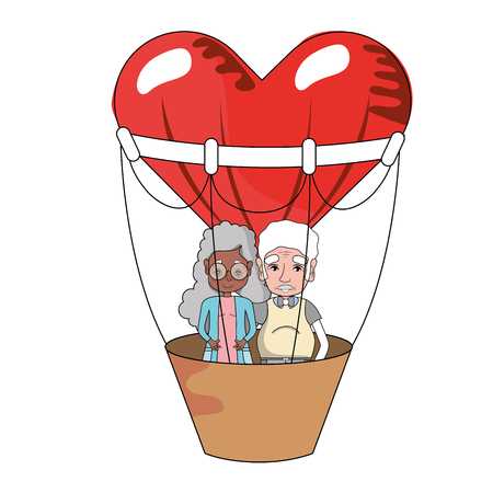 cute grandparents couple at heart hot air balloon cartoon vector illustration graphic designのイラスト素材