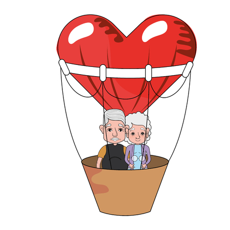 cute grandparents couple at heart hot air balloon cartoon vector illustration graphic designのイラスト素材
