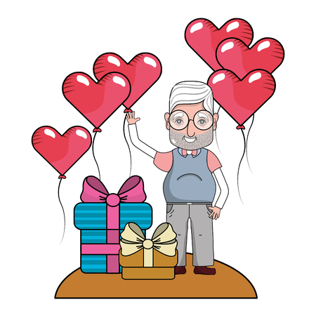 cute grandfather at valentines day between gifts and heart balloons cartoon vector illustration graphic designのイラスト素材