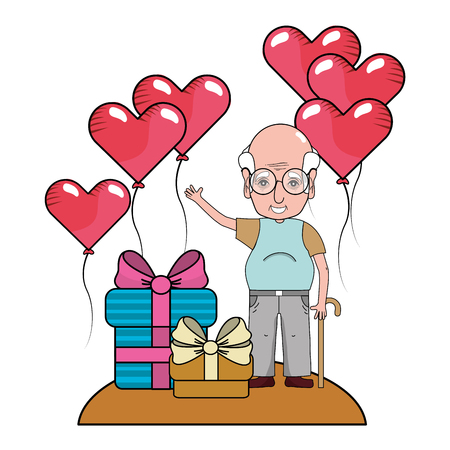 cute grandfather at valentines day between gifts and heart balloons cartoon vector illustration graphic designのイラスト素材