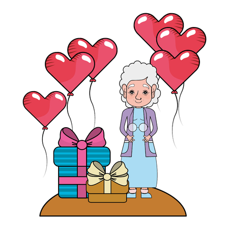 cute grandmother at valentines day between gifts and heart balloons cartoon vector illustration graphic designのイラスト素材