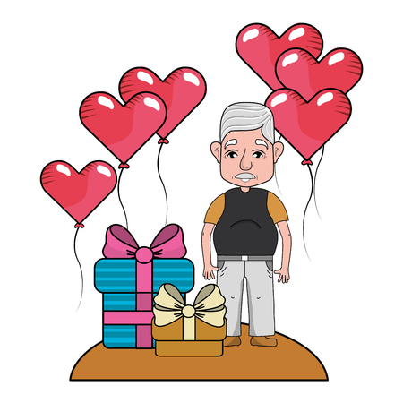 cute grandfather at valentines day between gifts and heart balloons cartoon vector illustration graphic designのイラスト素材